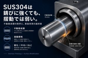 SUS304の摺動摩耗。不動態皮膜の限界と窒化・PVD・DLCなど表面改質の選択肢を示す概念図