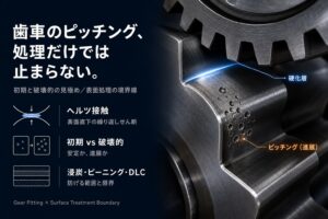 歯車歯面のピッチング。ヘルツ接触・初期と破壊的の見極め、浸炭・ピーニング・DLCの効果境界を示す概念図