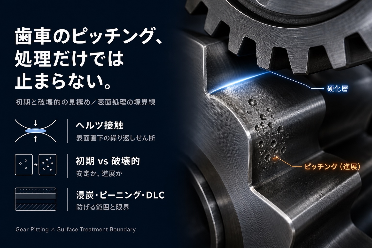 歯車歯面のピッチング。ヘルツ接触・初期と破壊的の見極め、浸炭・ピーニング・DLCの効果境界を示す概念図