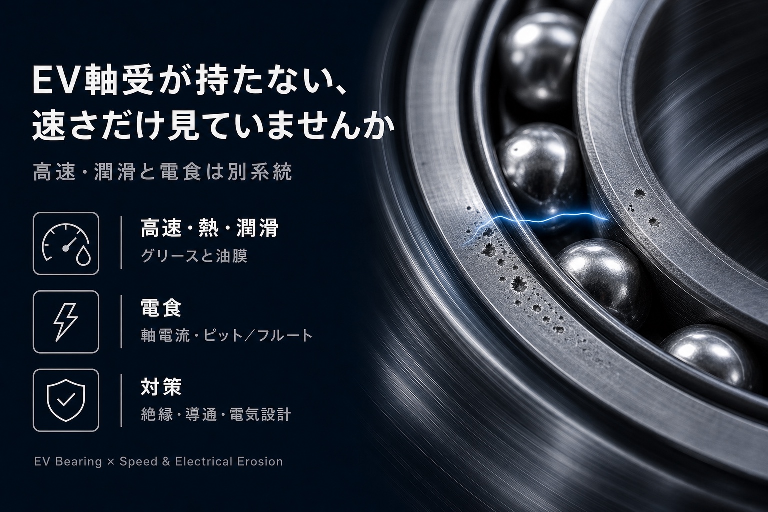 EVモータ軸受の高速回転と電食。絶縁・導電・電気設計の論点を示す概念図