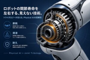 ヒューマノイドロボット関節アクチュエータの概念図。摩耗・潤滑・耐久の論点を示す