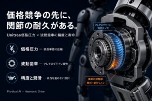 Unitree価格競争が波動歯車サプライチェーンに与える影響。精度・疲労・潤滑の論点を示す概念図