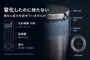 窒化の化合物層脆化と歪み。硬さだけでなく層の質と寸法許容が重要であることを示す図