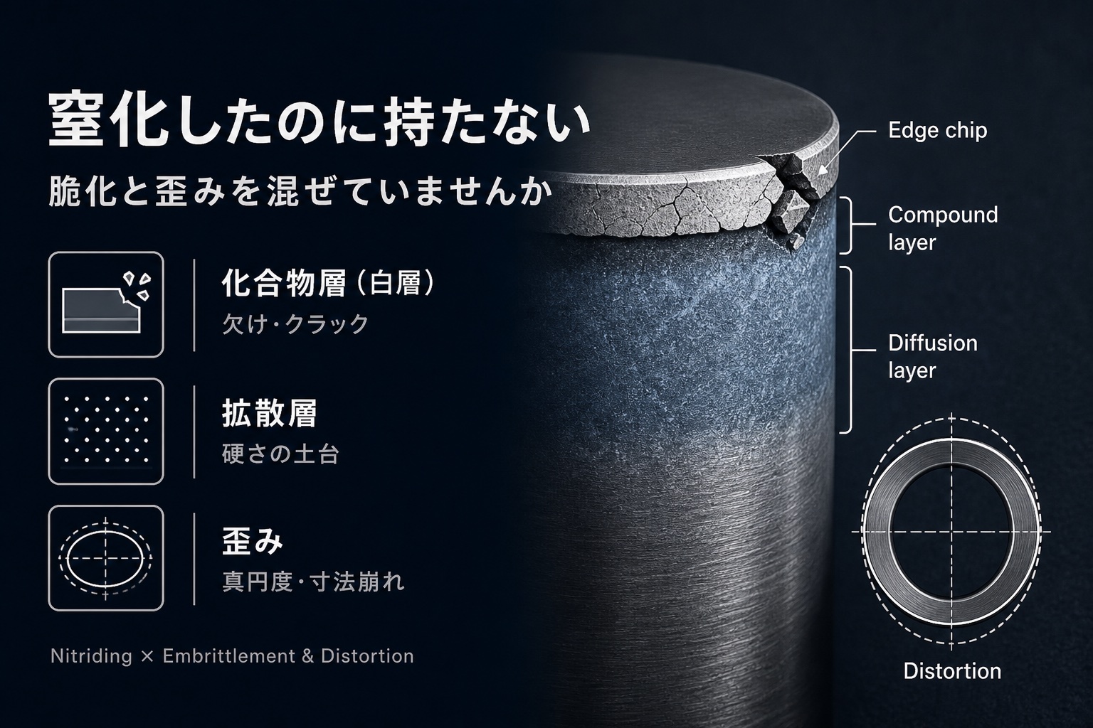 窒化の化合物層脆化と歪み。硬さだけでなく層の質と寸法許容が重要であることを示す図