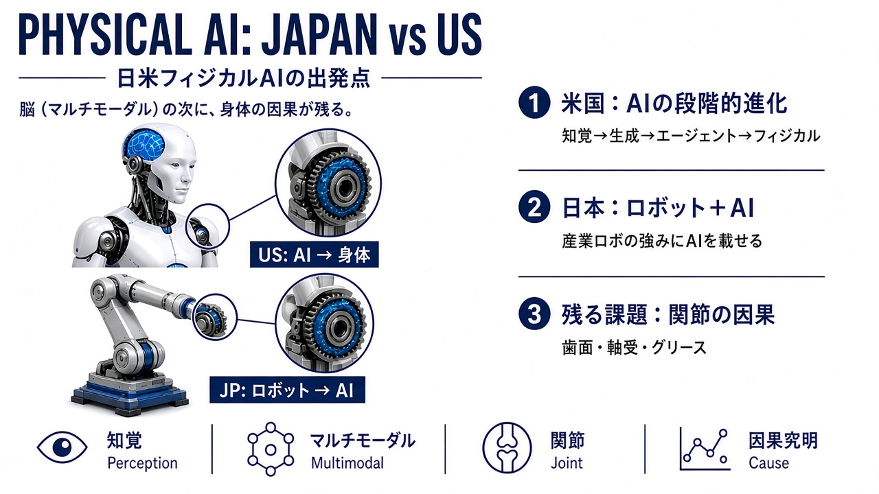 【日米動向】フィジカルAIは出発点が違う——合流点のマルチモーダル（脳）の次に、身体の因果が残る